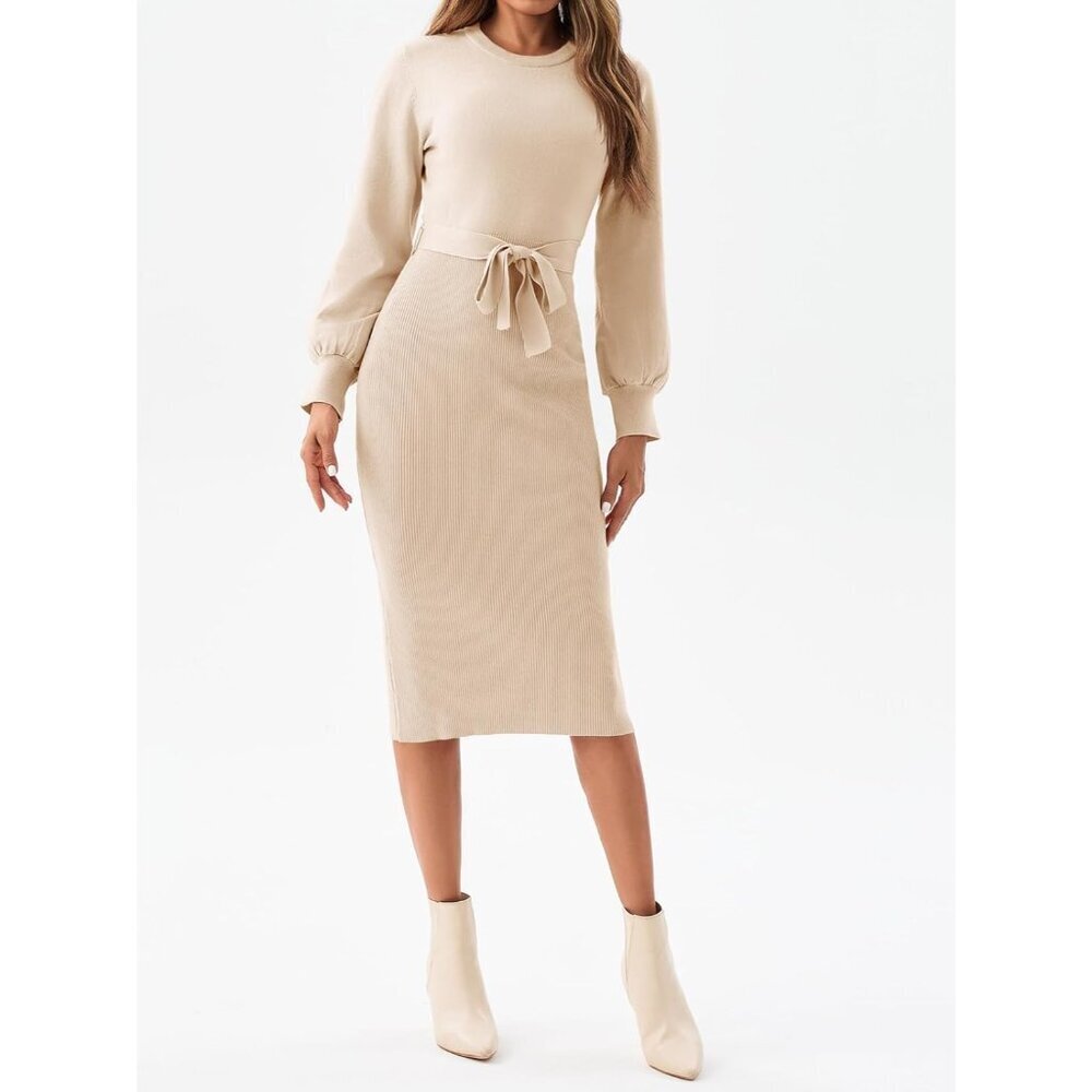 Womens Ribbed Knit Sweater Dress Large Crew Neck Bodycon Midi with Belt - Picture 2 of 5
